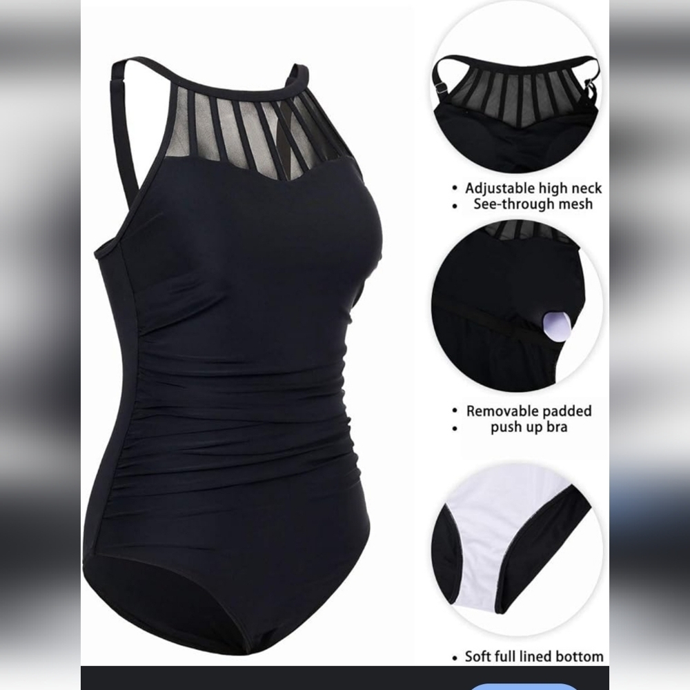 Holipick One Piece Swimsuit Bathing Suit Black Mesh Cutouts High Neck See Throug
